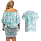 Australian Indigenous Aboriginal Art Couples Matching Off Shoulder Short Dress and Hawaiian Shirt Vivid Pastel Teal Green