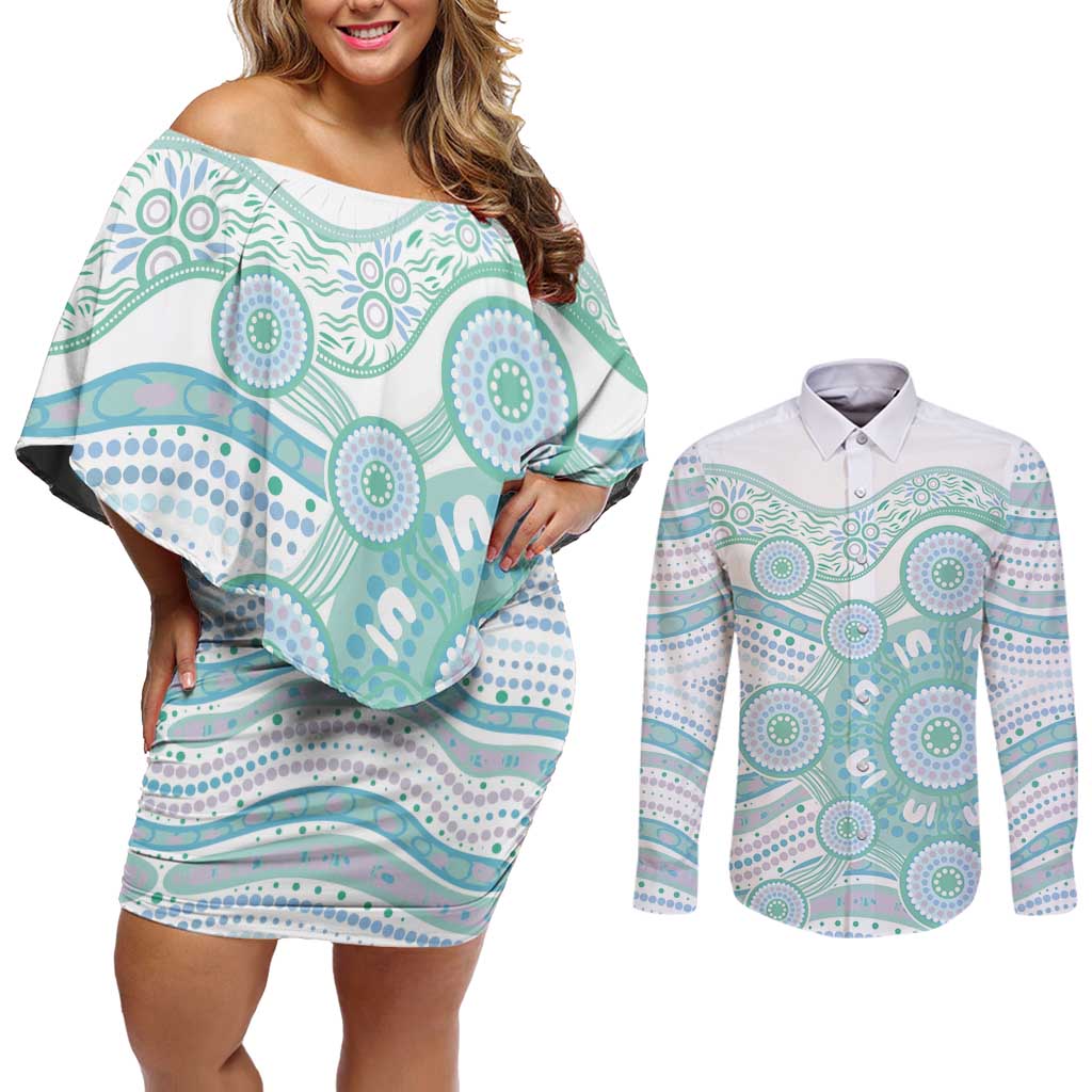 Australian Indigenous Aboriginal Art Couples Matching Off Shoulder Short Dress and Long Sleeve Button Shirt Vivid Pastel Teal Green
