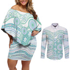 Australian Indigenous Aboriginal Art Couples Matching Off Shoulder Short Dress and Long Sleeve Button Shirt Vivid Pastel Teal Green