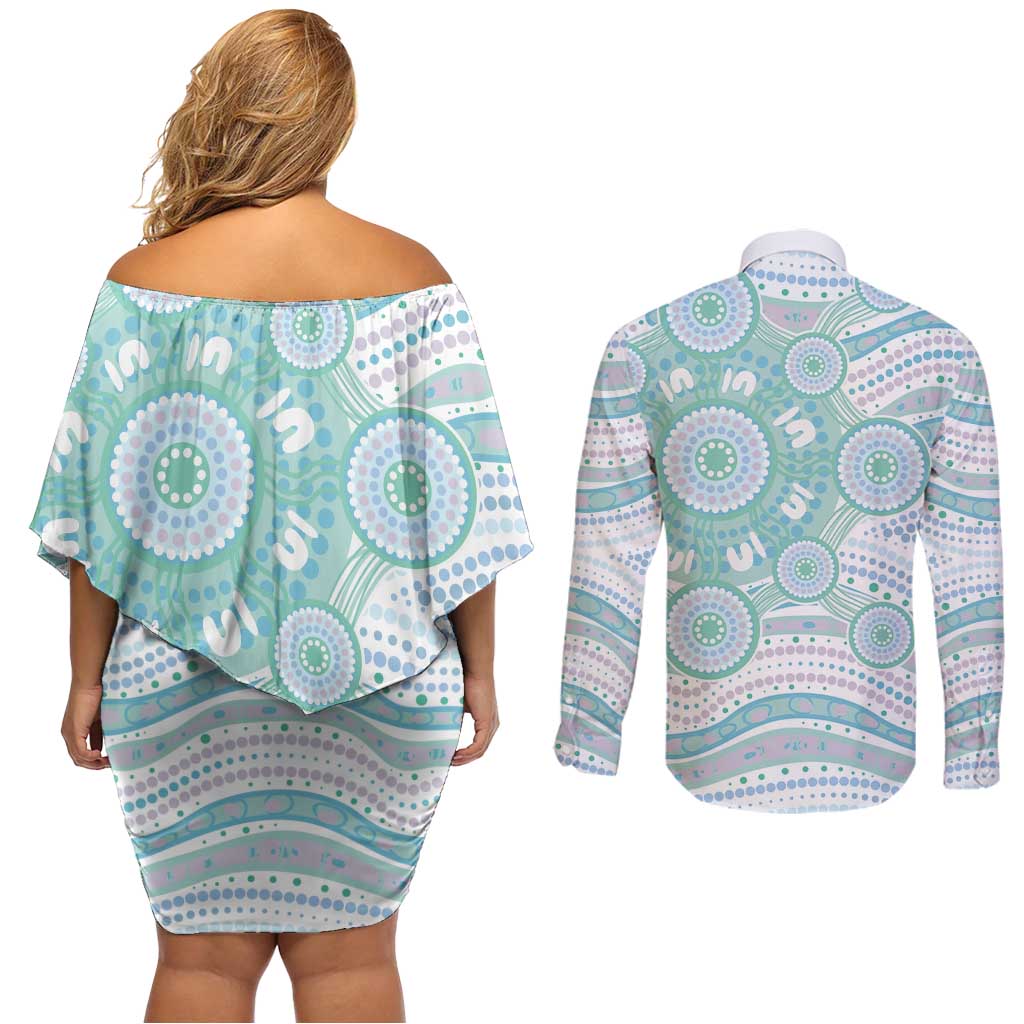 Australian Indigenous Aboriginal Art Couples Matching Off Shoulder Short Dress and Long Sleeve Button Shirt Vivid Pastel Teal Green