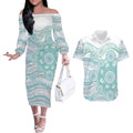Australian Indigenous Aboriginal Art Couples Matching Off The Shoulder Long Sleeve Dress and Hawaiian Shirt Vivid Pastel Teal Green