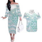 Australian Indigenous Aboriginal Art Couples Matching Off The Shoulder Long Sleeve Dress and Hawaiian Shirt Vivid Pastel Teal Green