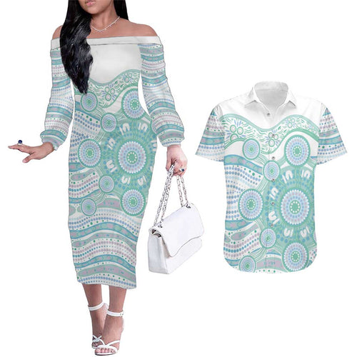 Australian Indigenous Aboriginal Art Couples Matching Off The Shoulder Long Sleeve Dress and Hawaiian Shirt Vivid Pastel Teal Green