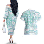 Australian Indigenous Aboriginal Art Couples Matching Off The Shoulder Long Sleeve Dress and Hawaiian Shirt Vivid Pastel Teal Green