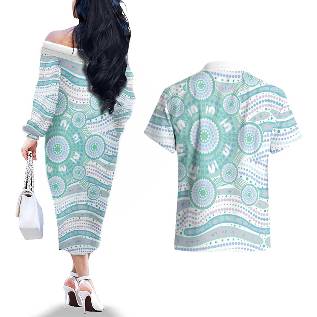 Australian Indigenous Aboriginal Art Couples Matching Off The Shoulder Long Sleeve Dress and Hawaiian Shirt Vivid Pastel Teal Green