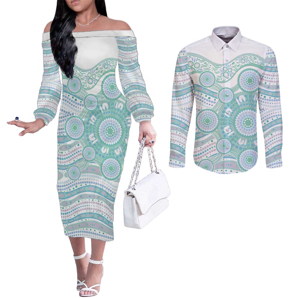 Australian Indigenous Aboriginal Art Couples Matching Off The Shoulder Long Sleeve Dress and Long Sleeve Button Shirt Vivid Pastel Teal Green