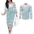 Australian Indigenous Aboriginal Art Couples Matching Off The Shoulder Long Sleeve Dress and Long Sleeve Button Shirt Vivid Pastel Teal Green