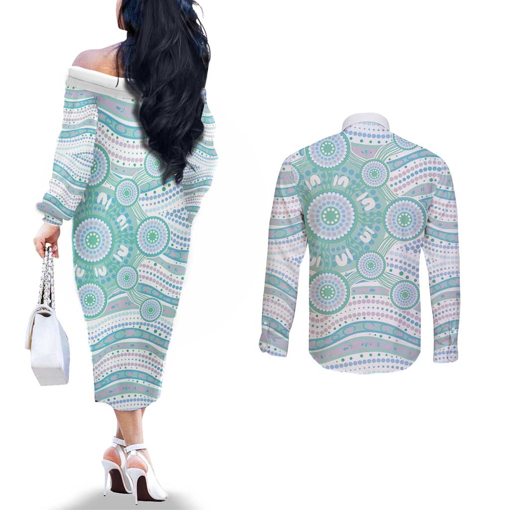 Australian Indigenous Aboriginal Art Couples Matching Off The Shoulder Long Sleeve Dress and Long Sleeve Button Shirt Vivid Pastel Teal Green