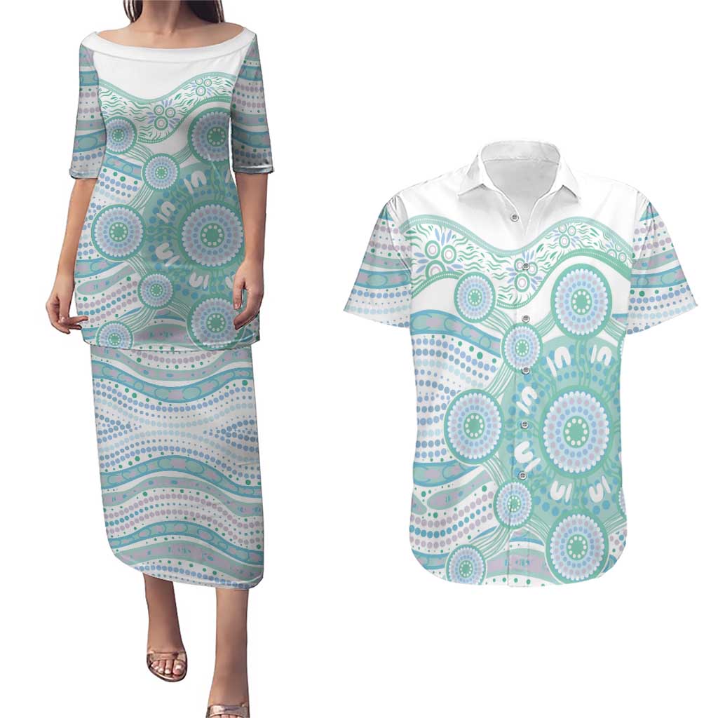 Australian Indigenous Aboriginal Art Couples Matching Puletasi and Hawaiian Shirt Vivid Pastel Teal Green