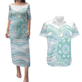 Australian Indigenous Aboriginal Art Couples Matching Puletasi and Hawaiian Shirt Vivid Pastel Teal Green