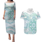 Australian Indigenous Aboriginal Art Couples Matching Puletasi and Hawaiian Shirt Vivid Pastel Teal Green