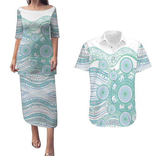 Australian Indigenous Aboriginal Art Couples Matching Puletasi and Hawaiian Shirt Vivid Pastel Teal Green