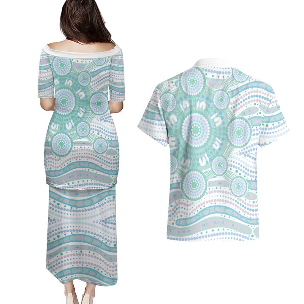 Australian Indigenous Aboriginal Art Couples Matching Puletasi and Hawaiian Shirt Vivid Pastel Teal Green