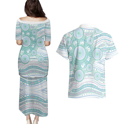Australian Indigenous Aboriginal Art Couples Matching Puletasi and Hawaiian Shirt Vivid Pastel Teal Green