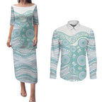 Australian Indigenous Aboriginal Art Couples Matching Puletasi and Long Sleeve Button Shirt Vivid Pastel Teal Green