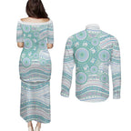 Australian Indigenous Aboriginal Art Couples Matching Puletasi and Long Sleeve Button Shirt Vivid Pastel Teal Green