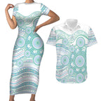 Australian Indigenous Aboriginal Art Couples Matching Short Sleeve Bodycon Dress and Hawaiian Shirt Vivid Pastel Teal Green