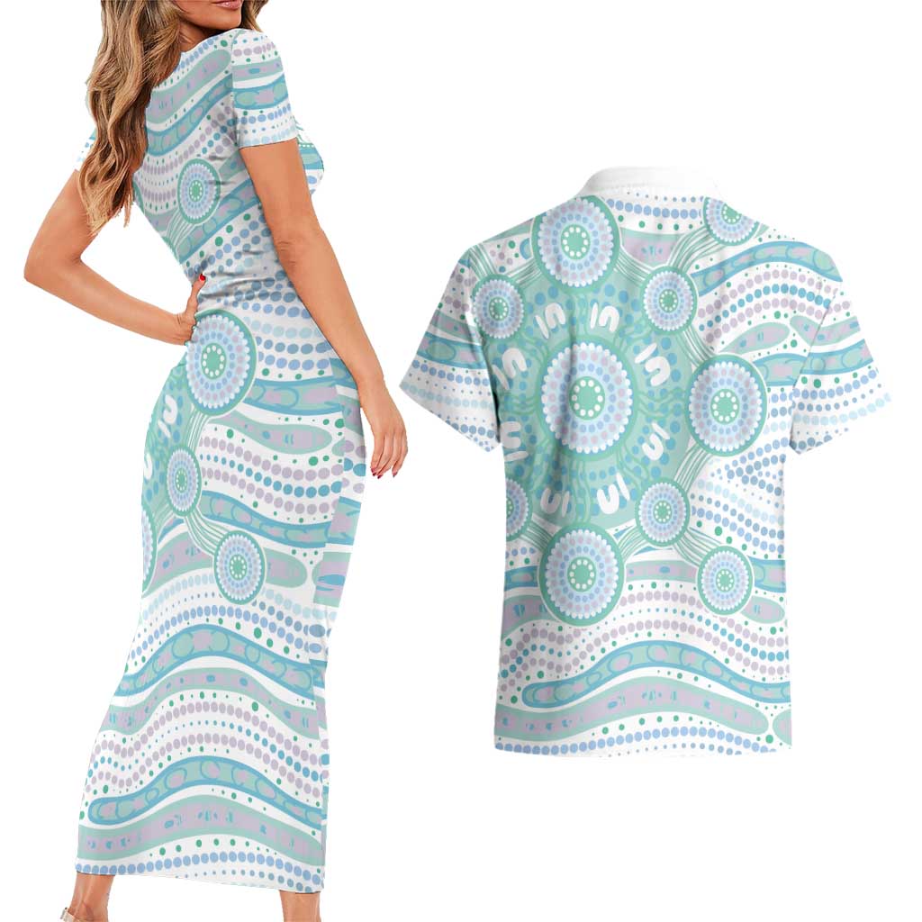 Australian Indigenous Aboriginal Art Couples Matching Short Sleeve Bodycon Dress and Hawaiian Shirt Vivid Pastel Teal Green
