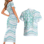 Australian Indigenous Aboriginal Art Couples Matching Short Sleeve Bodycon Dress and Hawaiian Shirt Vivid Pastel Teal Green