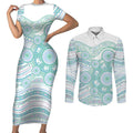 Australian Indigenous Aboriginal Art Couples Matching Short Sleeve Bodycon Dress and Long Sleeve Button Shirt Vivid Pastel Teal Green