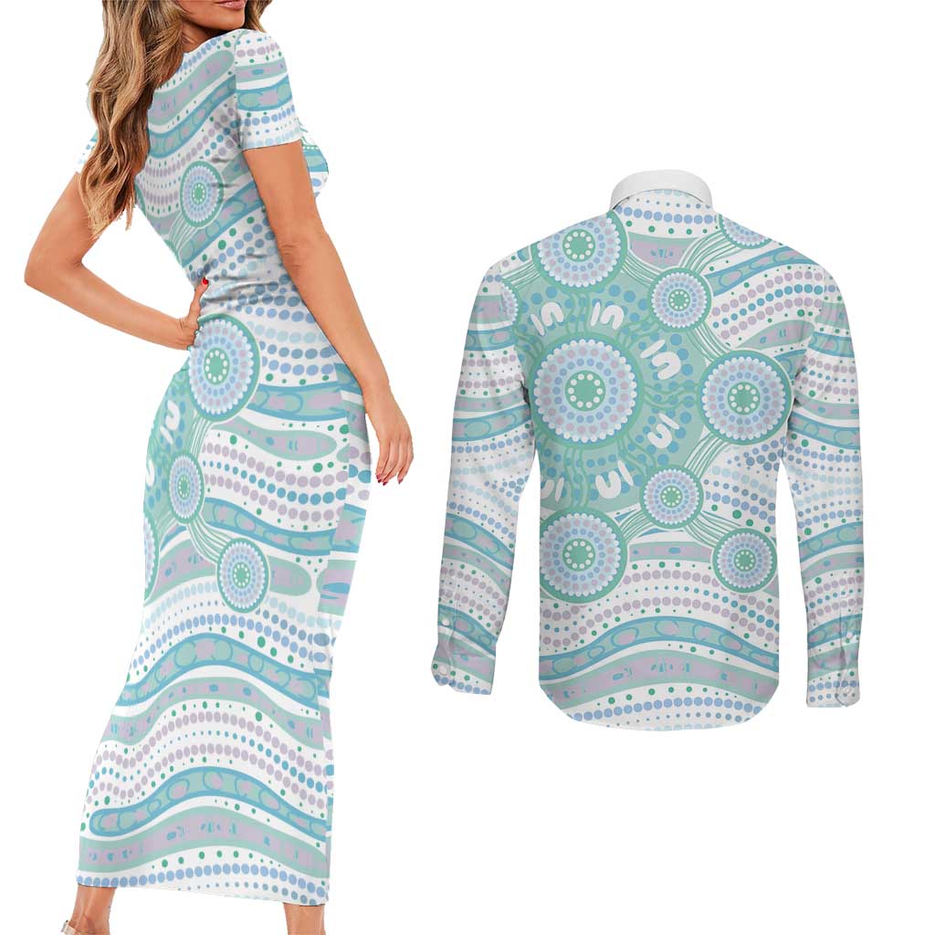 Australian Indigenous Aboriginal Art Couples Matching Short Sleeve Bodycon Dress and Long Sleeve Button Shirt Vivid Pastel Teal Green
