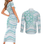 Australian Indigenous Aboriginal Art Couples Matching Short Sleeve Bodycon Dress and Long Sleeve Button Shirt Vivid Pastel Teal Green