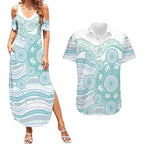 Australian Indigenous Aboriginal Art Couples Matching Summer Maxi Dress and Hawaiian Shirt Vivid Pastel Teal Green
