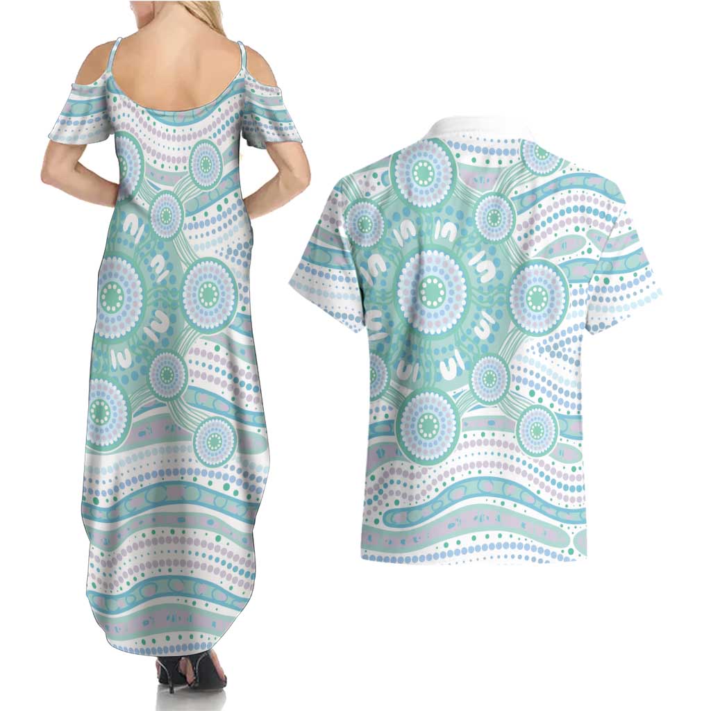 Australian Indigenous Aboriginal Art Couples Matching Summer Maxi Dress and Hawaiian Shirt Vivid Pastel Teal Green