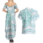 Australian Indigenous Aboriginal Art Couples Matching Summer Maxi Dress and Hawaiian Shirt Vivid Pastel Teal Green