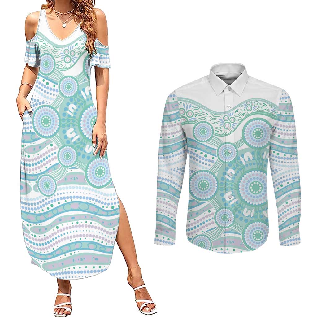 Australian Indigenous Aboriginal Art Couples Matching Summer Maxi Dress and Long Sleeve Button Shirt Vivid Pastel Teal Green