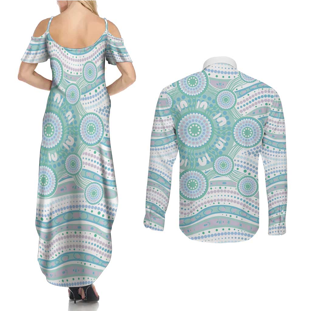 Australian Indigenous Aboriginal Art Couples Matching Summer Maxi Dress and Long Sleeve Button Shirt Vivid Pastel Teal Green