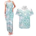 Australian Indigenous Aboriginal Art Couples Matching Tank Maxi Dress and Hawaiian Shirt Vivid Pastel Teal Green