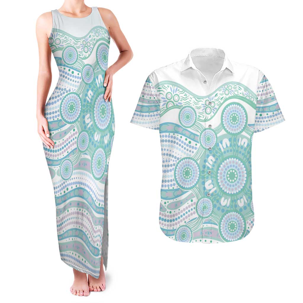 Australian Indigenous Aboriginal Art Couples Matching Tank Maxi Dress and Hawaiian Shirt Vivid Pastel Teal Green