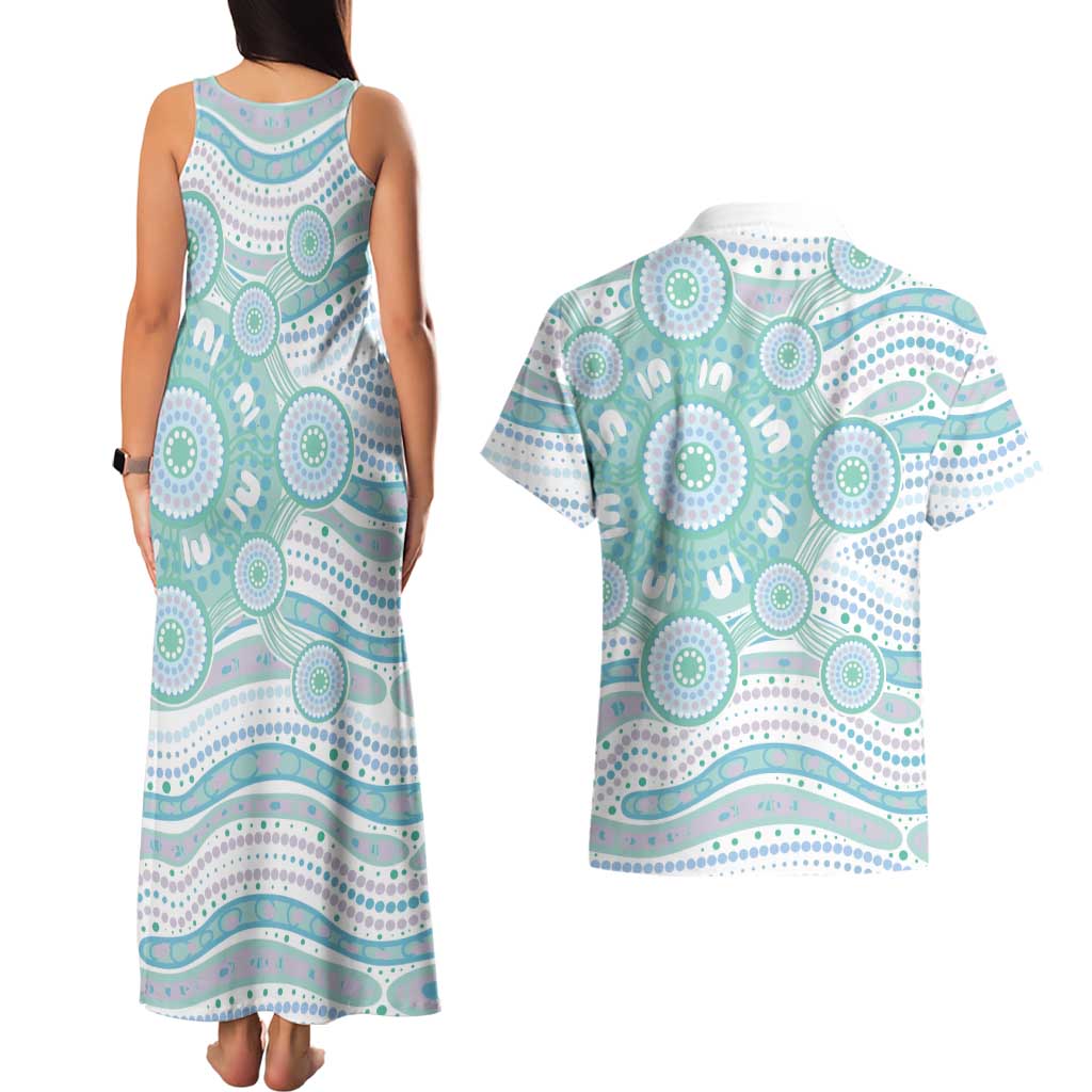 Australian Indigenous Aboriginal Art Couples Matching Tank Maxi Dress and Hawaiian Shirt Vivid Pastel Teal Green