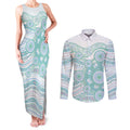 Australian Indigenous Aboriginal Art Couples Matching Tank Maxi Dress and Long Sleeve Button Shirt Vivid Pastel Teal Green