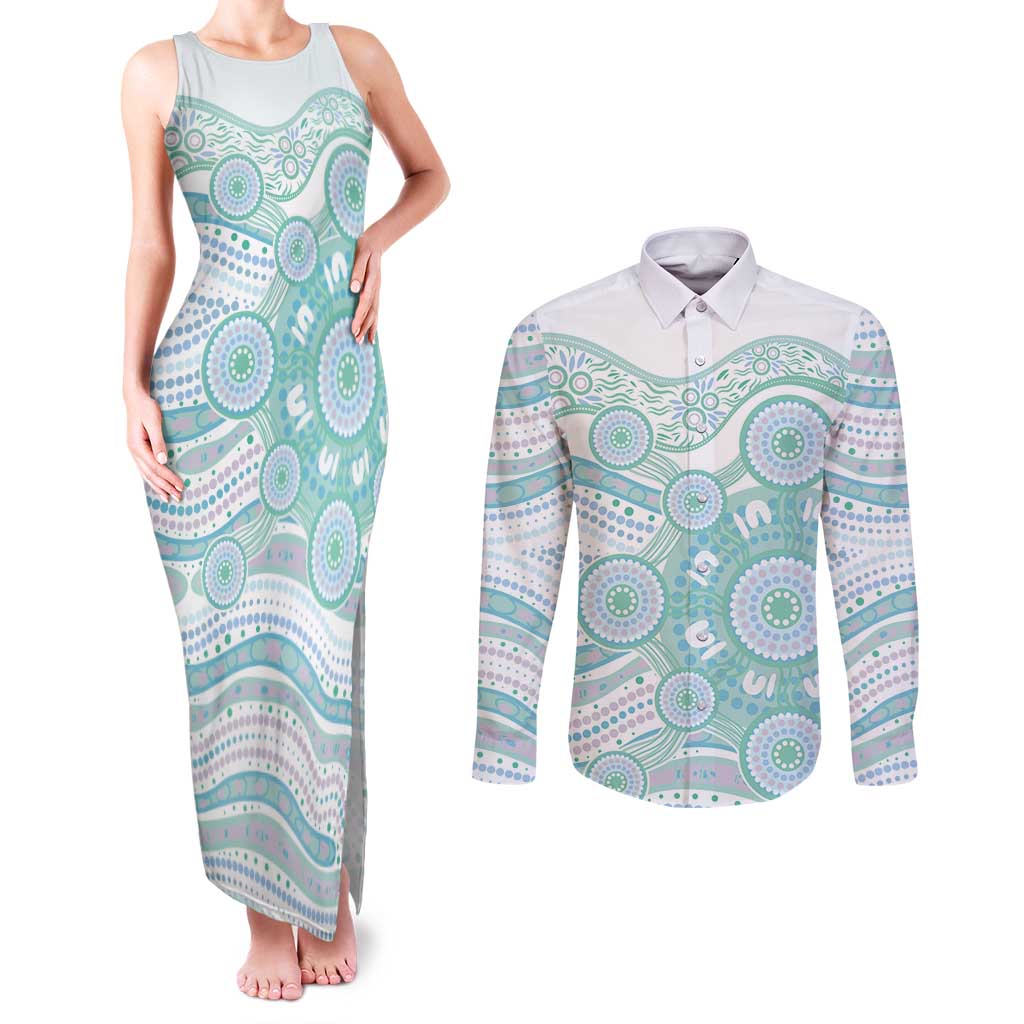 Australian Indigenous Aboriginal Art Couples Matching Tank Maxi Dress and Long Sleeve Button Shirt Vivid Pastel Teal Green
