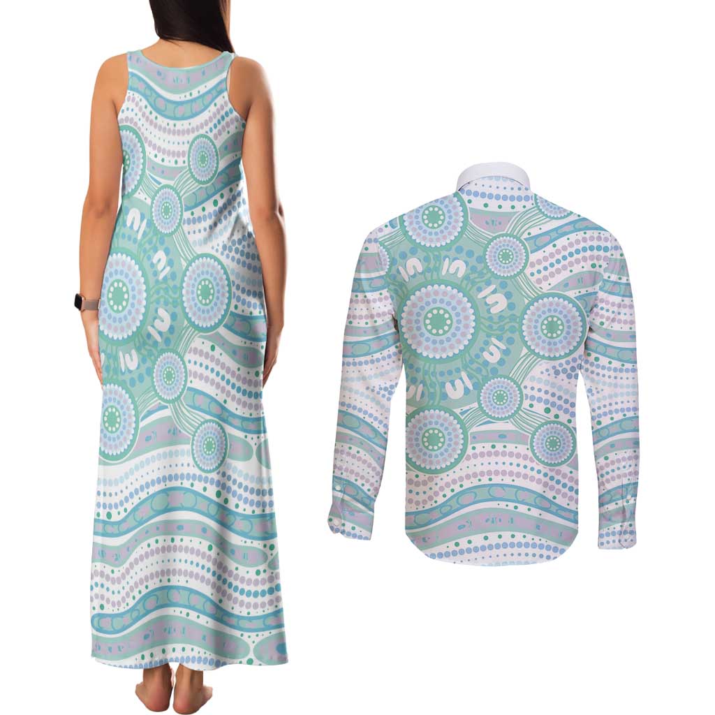 Australian Indigenous Aboriginal Art Couples Matching Tank Maxi Dress and Long Sleeve Button Shirt Vivid Pastel Teal Green