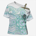 Australian Indigenous Aboriginal Art Cross Shoulder Shirt Vivid Pastel Teal Green