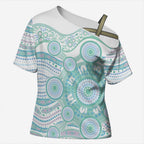Australian Indigenous Aboriginal Art Cross Shoulder Shirt Vivid Pastel Teal Green