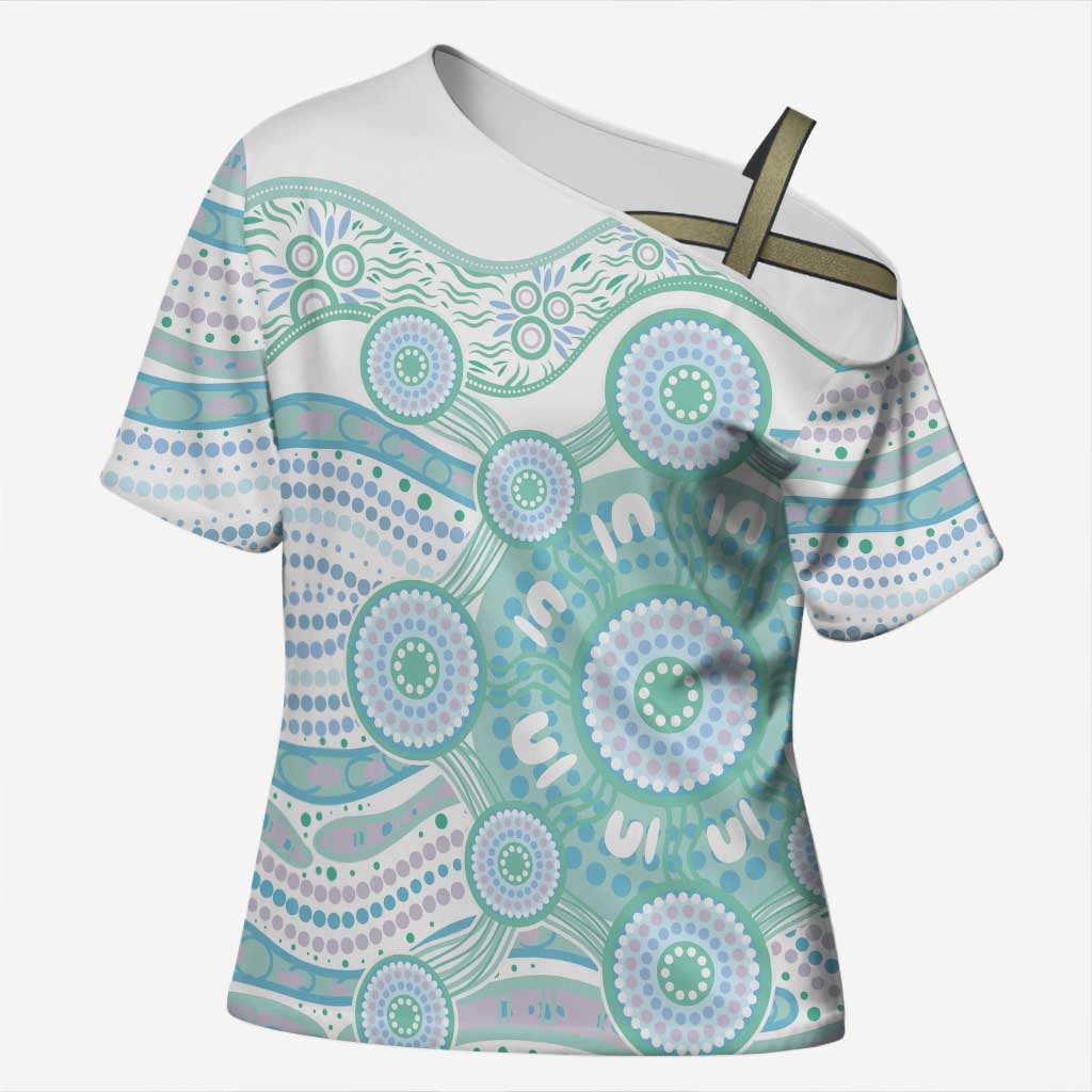 Australian Indigenous Aboriginal Art Cross Shoulder Shirt Vivid Pastel Teal Green