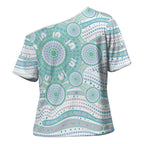 Australian Indigenous Aboriginal Art Cross Shoulder Shirt Vivid Pastel Teal Green