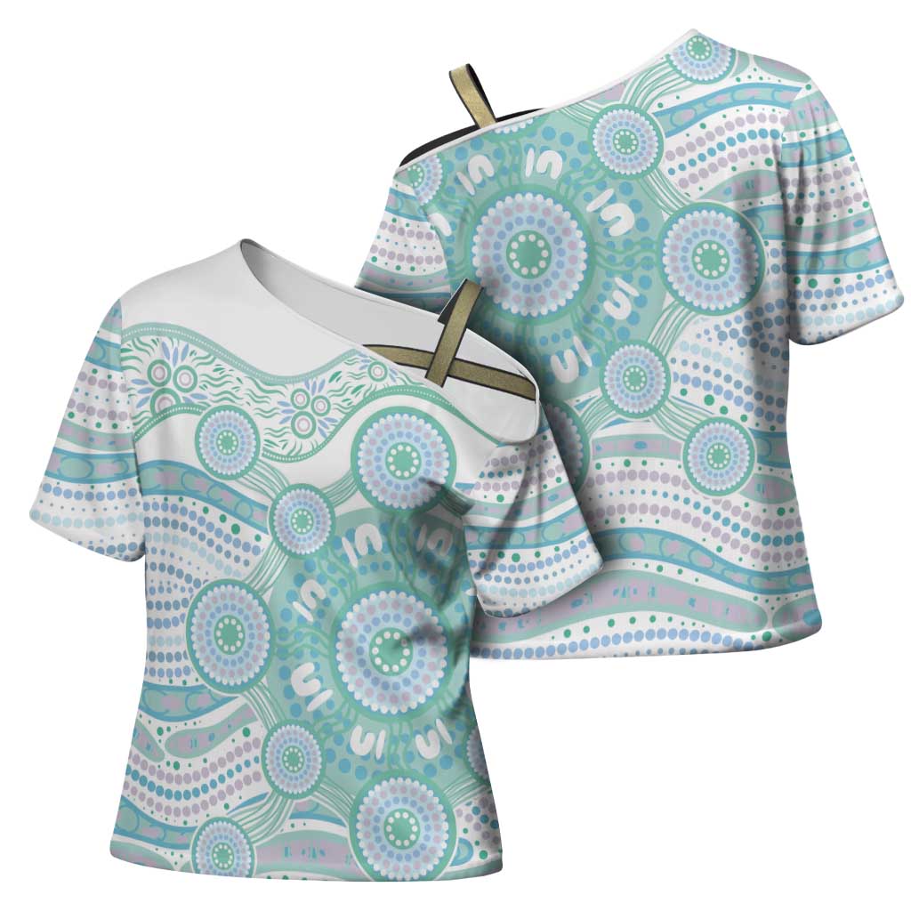 Australian Indigenous Aboriginal Art Cross Shoulder Shirt Vivid Pastel Teal Green
