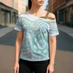 Australian Indigenous Aboriginal Art Cross Shoulder Shirt Vivid Pastel Teal Green