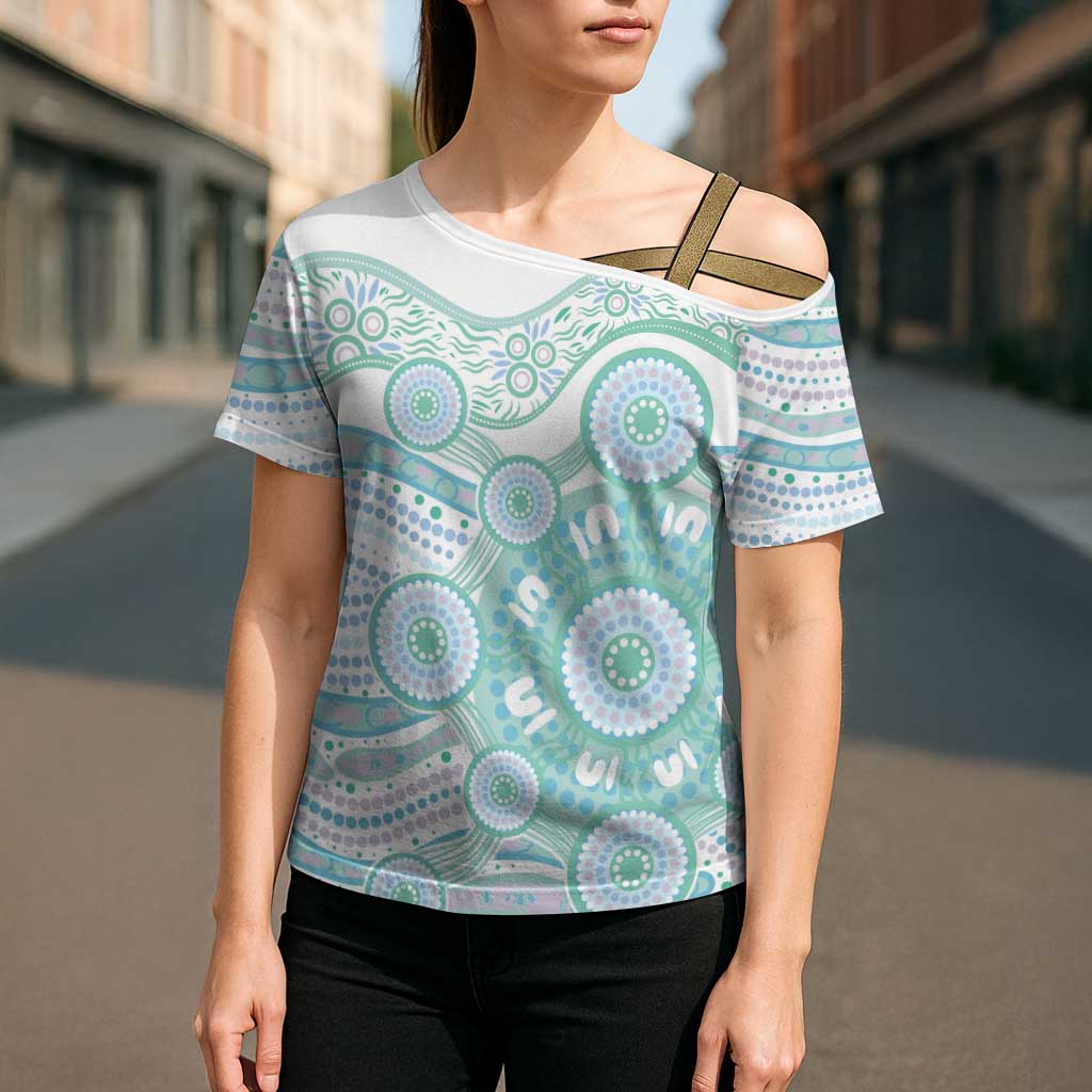 Australian Indigenous Aboriginal Art Cross Shoulder Shirt Vivid Pastel Teal Green