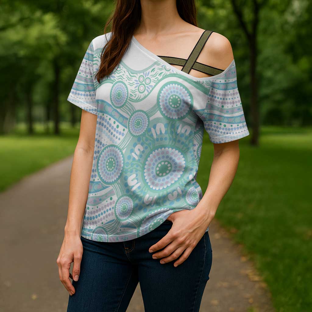 Australian Indigenous Aboriginal Art Cross Shoulder Shirt Vivid Pastel Teal Green