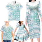 Australian Indigenous Aboriginal Art Family Matching Long Sleeve Bodycon Dress and Hawaiian Shirt Vivid Pastel Teal Green