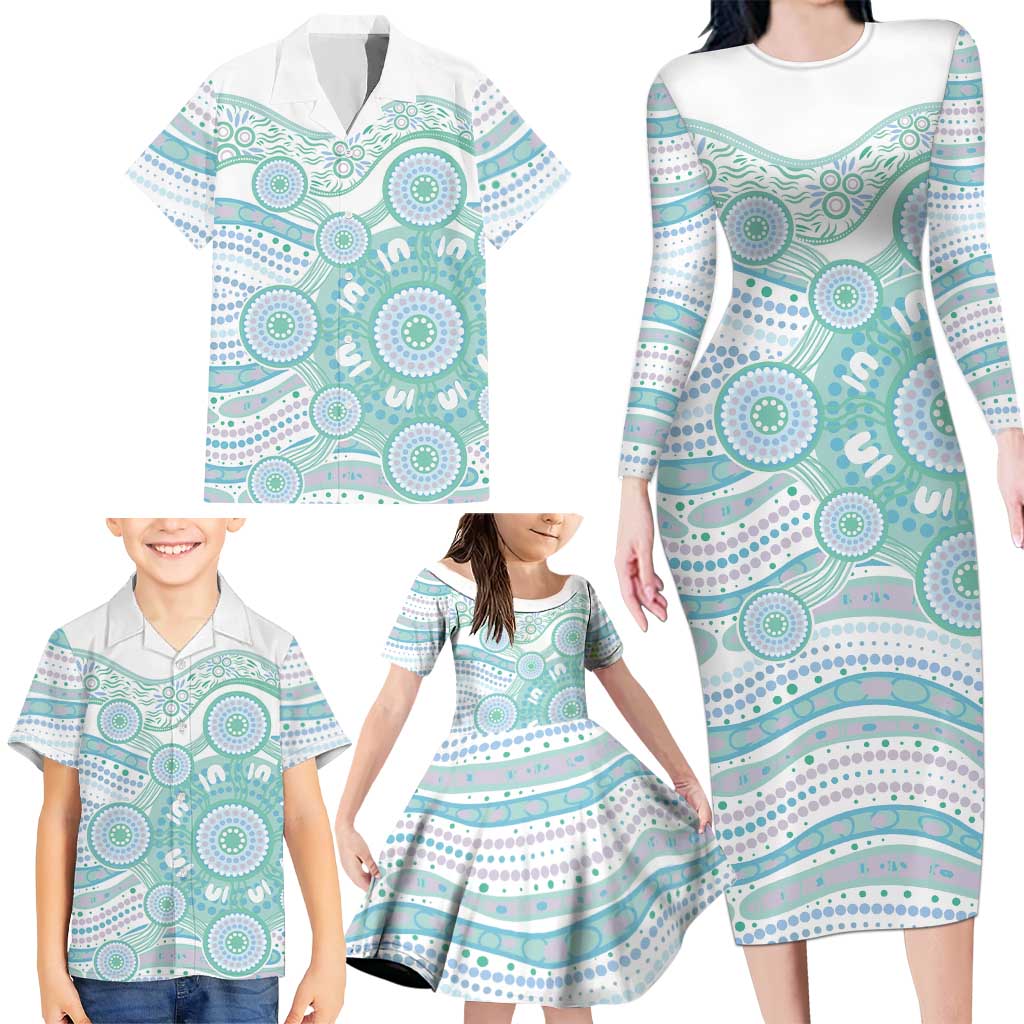 Australian Indigenous Aboriginal Art Family Matching Long Sleeve Bodycon Dress and Hawaiian Shirt Vivid Pastel Teal Green