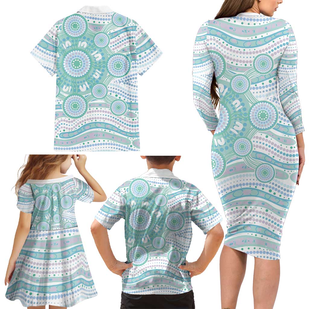 Australian Indigenous Aboriginal Art Family Matching Long Sleeve Bodycon Dress and Hawaiian Shirt Vivid Pastel Teal Green