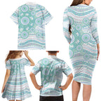 Australian Indigenous Aboriginal Art Family Matching Long Sleeve Bodycon Dress and Hawaiian Shirt Vivid Pastel Teal Green