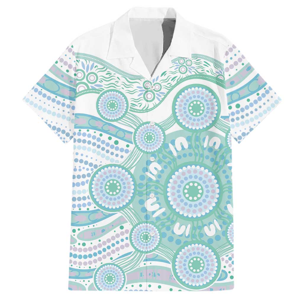 Australian Indigenous Aboriginal Art Family Matching Long Sleeve Bodycon Dress and Hawaiian Shirt Vivid Pastel Teal Green